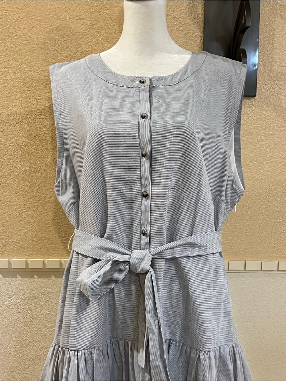 Alex Marie Plus Size Pinstripe Midi Dress. Dropped waist tiered skirt. Cotton 18 - Picture 3 of 12